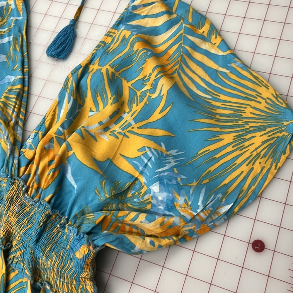 BLUE ISLAND Resort Pool Palm Print Double V Cap SLV Smock Waist Cover Up Dress M - Picture 7 of 15